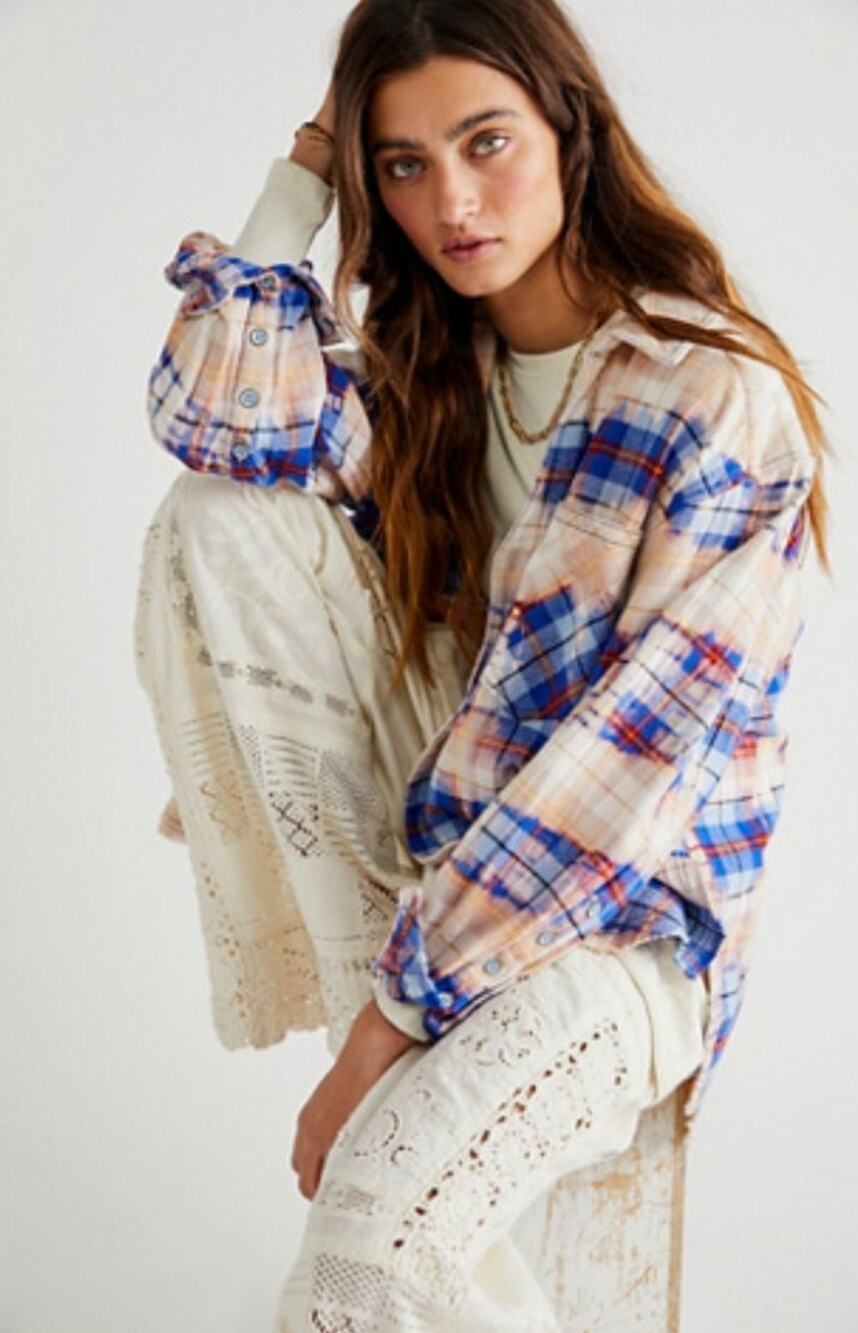 We The Free Boy To The Bone Plaid Shacket Oversized Cotton Shirt Jacket M